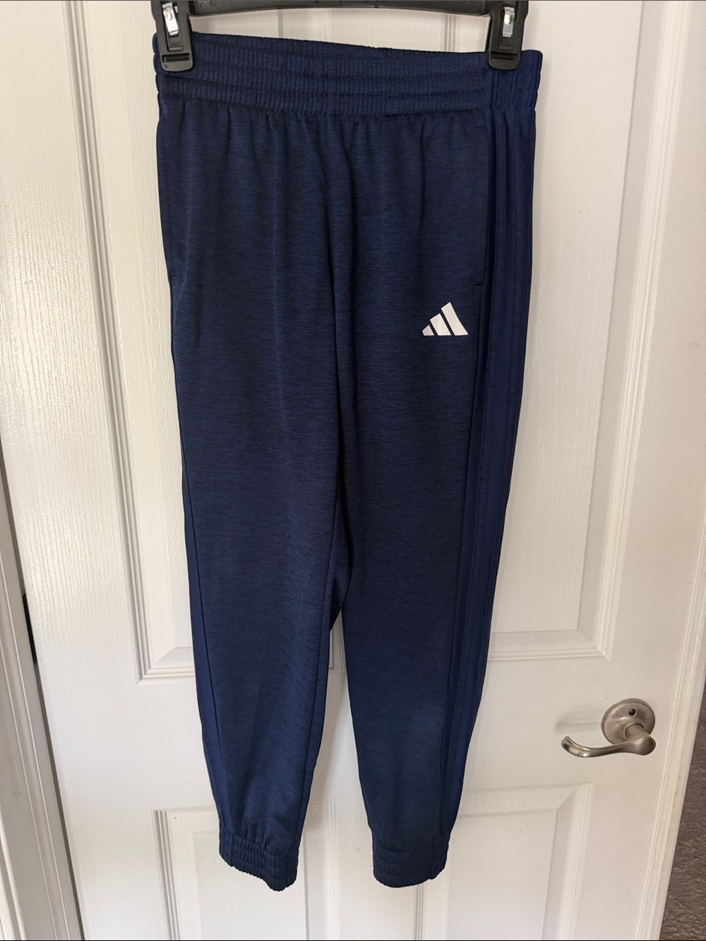 adidas Navy Blue Kids Athletic Joggers with Navy Stripes and a White Logo